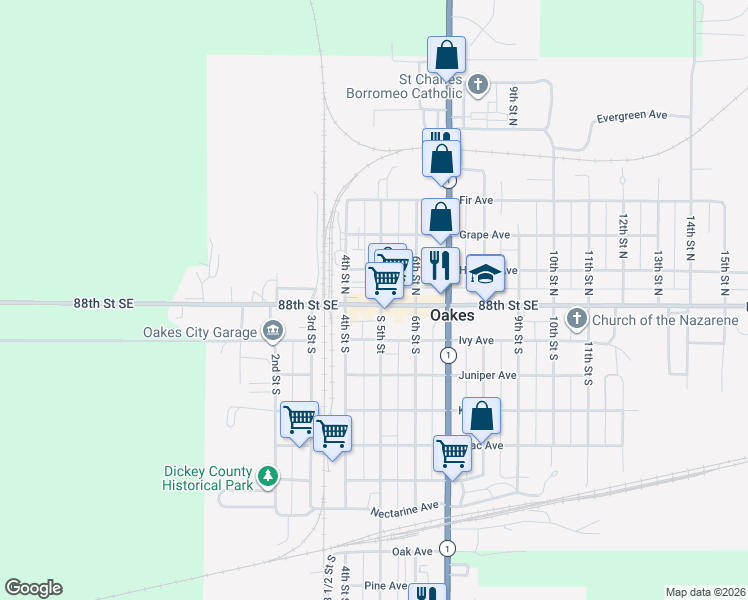 map of restaurants, bars, coffee shops, grocery stores, and more near 419 Main Avenue in Oakes