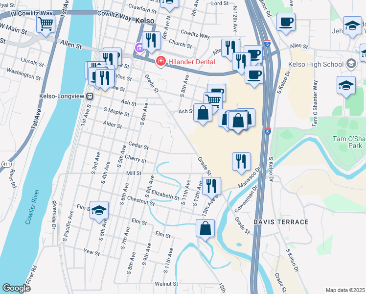 map of restaurants, bars, coffee shops, grocery stores, and more near 908 Cedar Street in Kelso