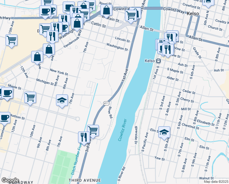 map of restaurants, bars, coffee shops, grocery stores, and more near 1600 3rd Avenue in Longview