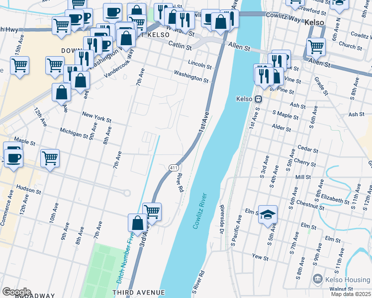 map of restaurants, bars, coffee shops, grocery stores, and more near 1600 3rd Avenue in Longview