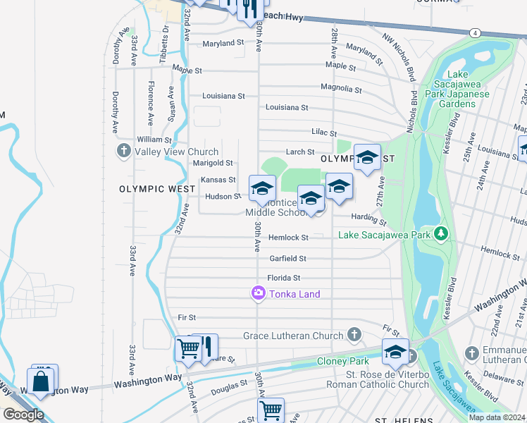 map of restaurants, bars, coffee shops, grocery stores, and more near 1324 30th Avenue in Longview