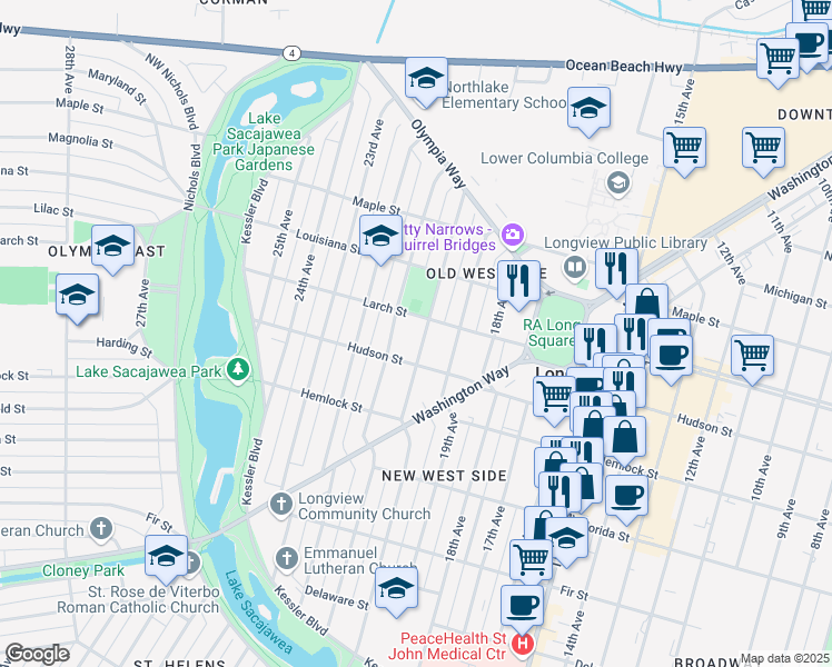 map of restaurants, bars, coffee shops, grocery stores, and more near 1329 20th Avenue in Longview