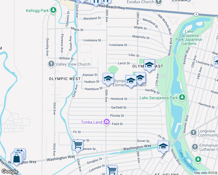 map of restaurants, bars, coffee shops, grocery stores, and more near 1324 30th Avenue in Longview