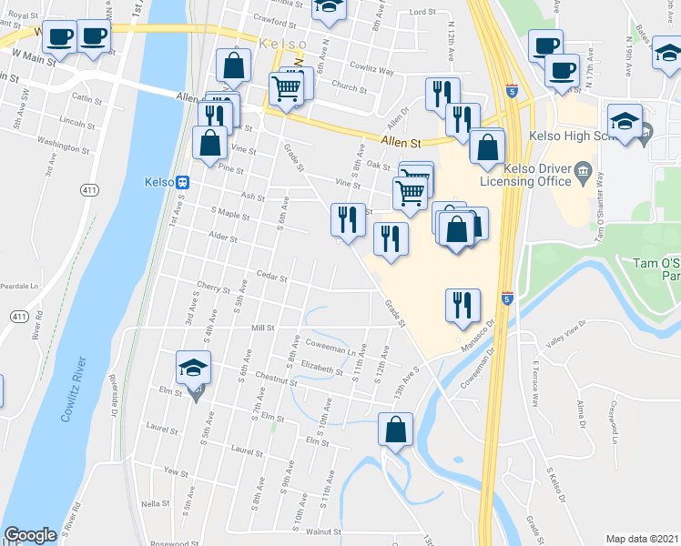 map of restaurants, bars, coffee shops, grocery stores, and more near 700 South 9th Avenue in Kelso