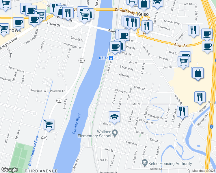 map of restaurants, bars, coffee shops, grocery stores, and more near 813 South Pacific Avenue in Kelso