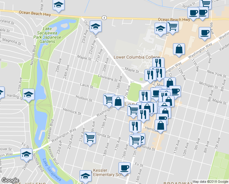 map of restaurants, bars, coffee shops, grocery stores, and more near 1403 18th Avenue in Longview