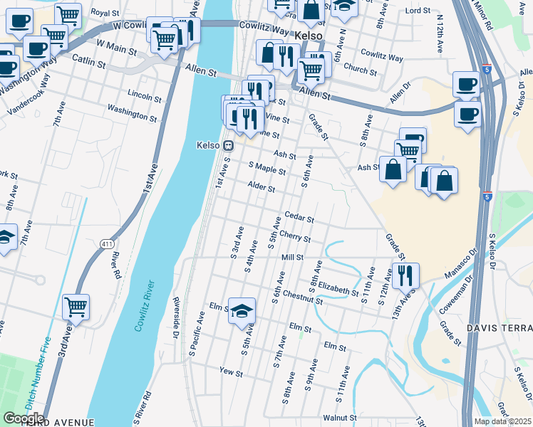 map of restaurants, bars, coffee shops, grocery stores, and more near 800 South 4th Avenue in Kelso