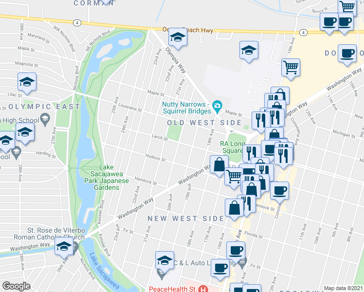 map of restaurants, bars, coffee shops, grocery stores, and more near 1959 Larch Street in Longview