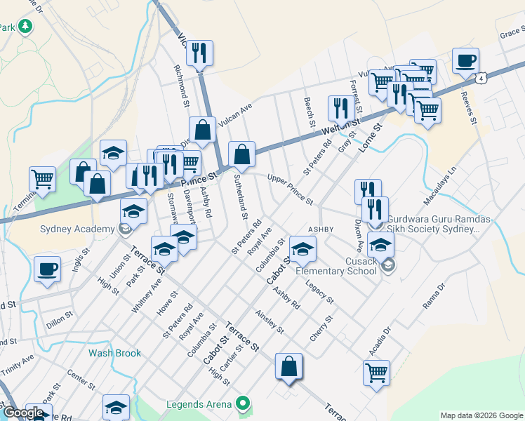 map of restaurants, bars, coffee shops, grocery stores, and more near 26 Kane Street in Sydney