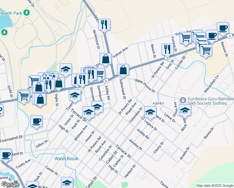 map of restaurants, bars, coffee shops, grocery stores, and more near 418 Whitney Avenue in Sydney