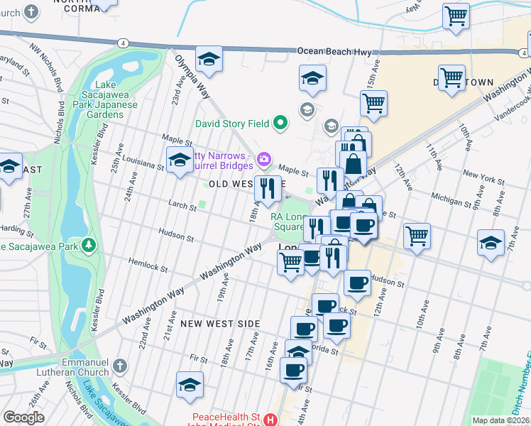 map of restaurants, bars, coffee shops, grocery stores, and more near 1405 17th Avenue in Longview