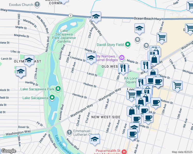 map of restaurants, bars, coffee shops, grocery stores, and more near 1338 21st Avenue in Longview