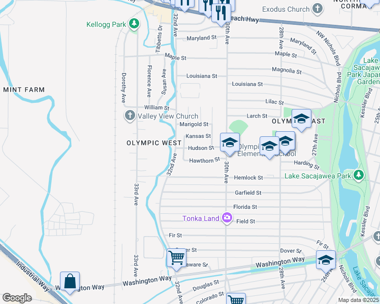 map of restaurants, bars, coffee shops, grocery stores, and more near 3135 Hudson Street in Longview
