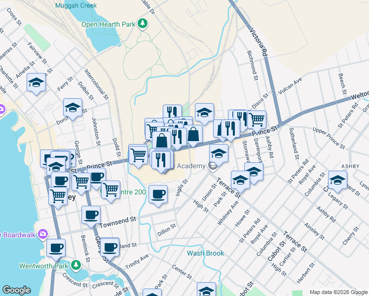 map of restaurants, bars, coffee shops, grocery stores, and more near 322 Prince Street in Sydney