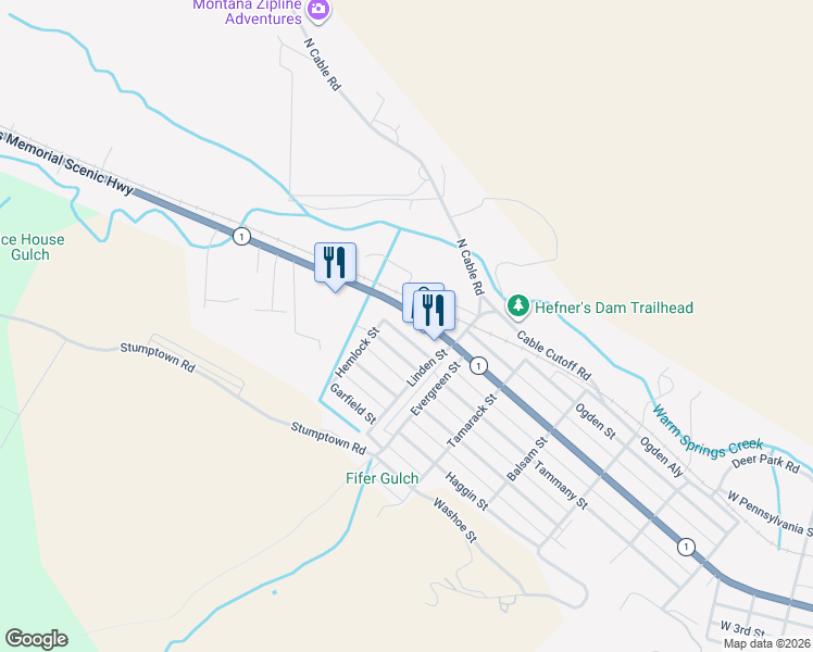 map of restaurants, bars, coffee shops, grocery stores, and more near 2100-2198 Pintler Veterans Memorial Scenic Highway in Anaconda
