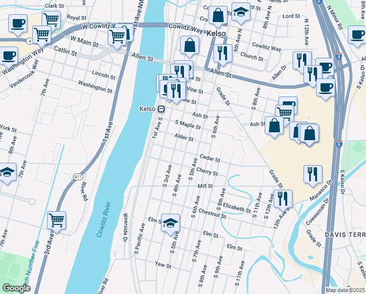 map of restaurants, bars, coffee shops, grocery stores, and more near 713 South 4th Avenue in Kelso