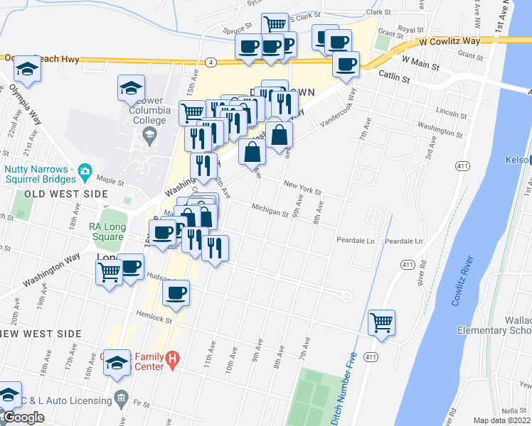 map of restaurants, bars, coffee shops, grocery stores, and more near 1547 10th Avenue in Longview