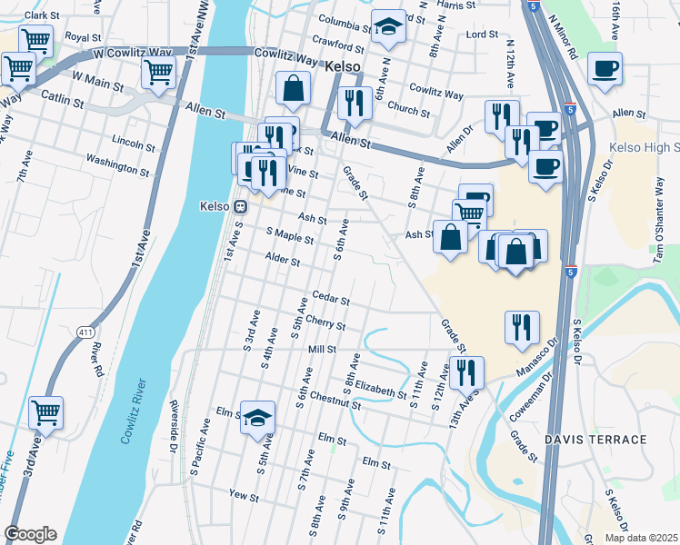 map of restaurants, bars, coffee shops, grocery stores, and more near 614 S 6th Ave in Kelso
