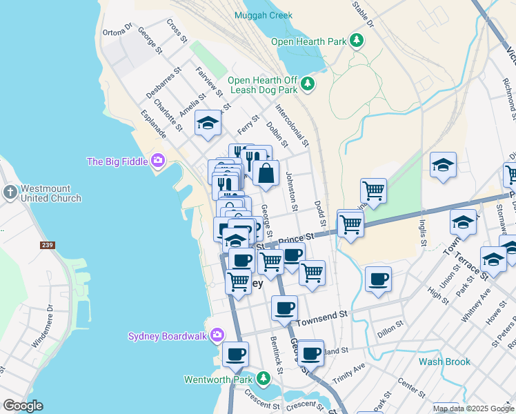 map of restaurants, bars, coffee shops, grocery stores, and more near 322 George Street in Sydney