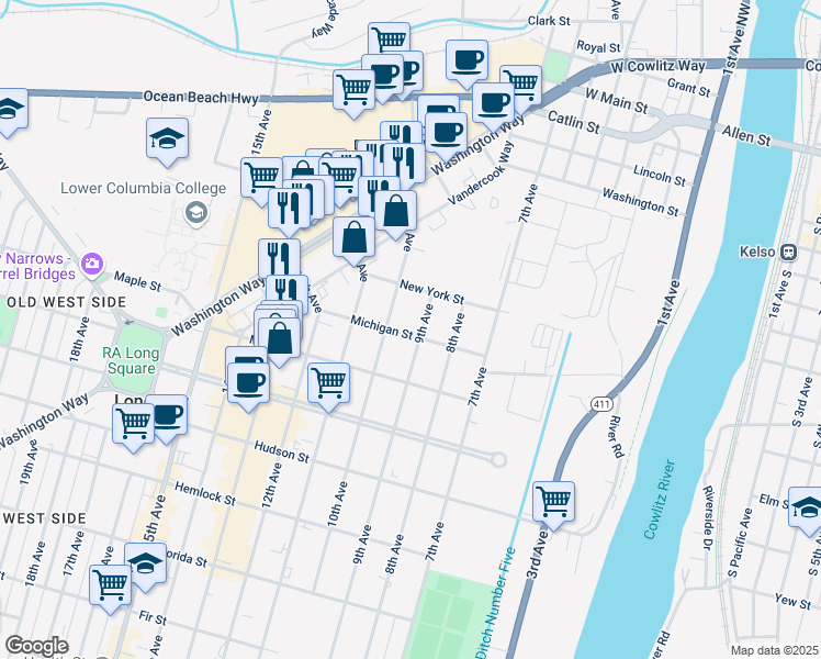 map of restaurants, bars, coffee shops, grocery stores, and more near 904 Michigan St in Longview