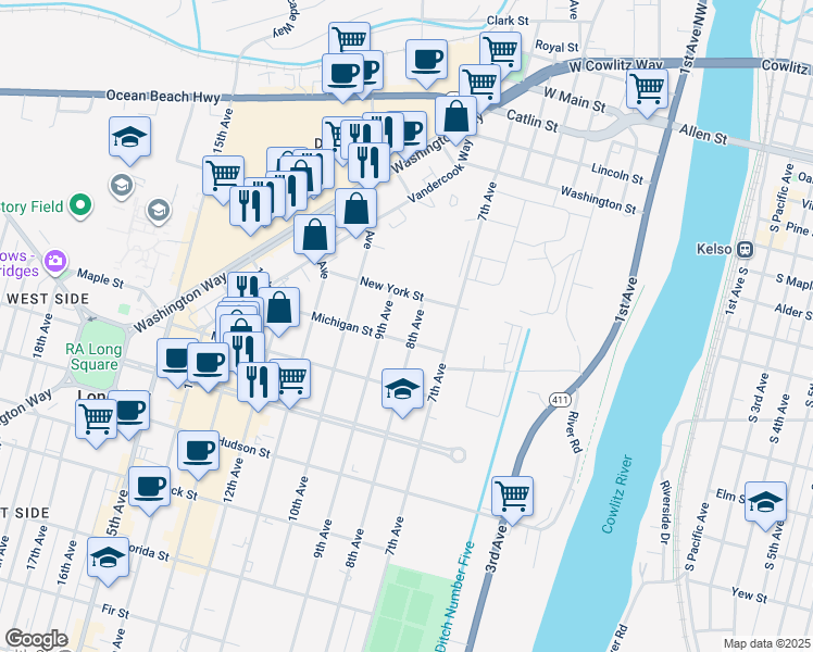 map of restaurants, bars, coffee shops, grocery stores, and more near 1617 8th Avenue in Longview
