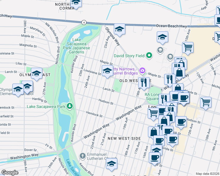 map of restaurants, bars, coffee shops, grocery stores, and more near 1338 21st Avenue in Longview