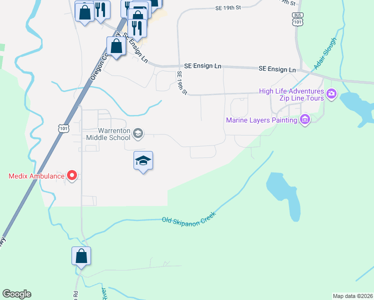 map of restaurants, bars, coffee shops, grocery stores, and more near 2200 Southeast Timber Country Drive in Warrenton