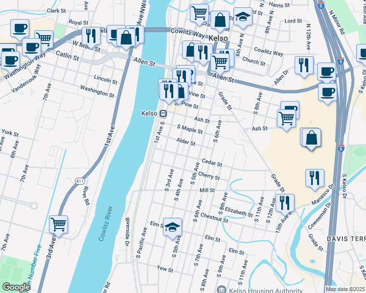 map of restaurants, bars, coffee shops, grocery stores, and more near 302 Alder Street in Kelso