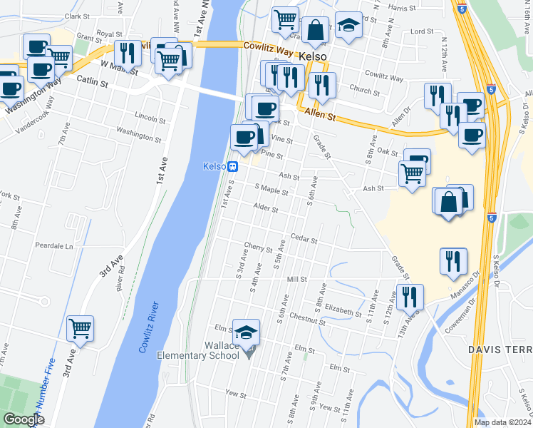 map of restaurants, bars, coffee shops, grocery stores, and more near 713 South 4th Avenue in Kelso