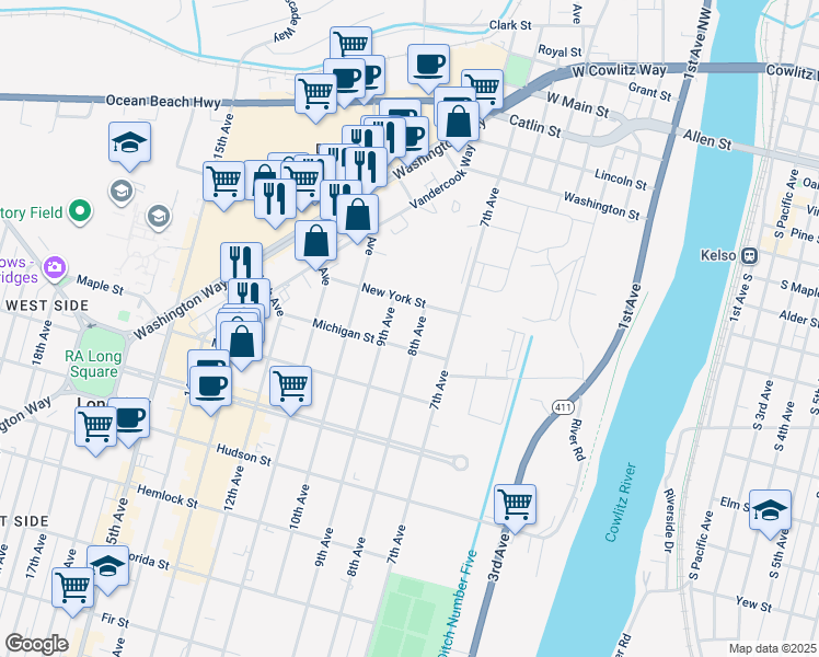 map of restaurants, bars, coffee shops, grocery stores, and more near 1617 8th Avenue in Longview