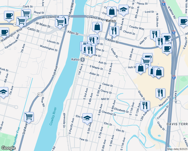 map of restaurants, bars, coffee shops, grocery stores, and more near 713 South 4th Avenue in Kelso