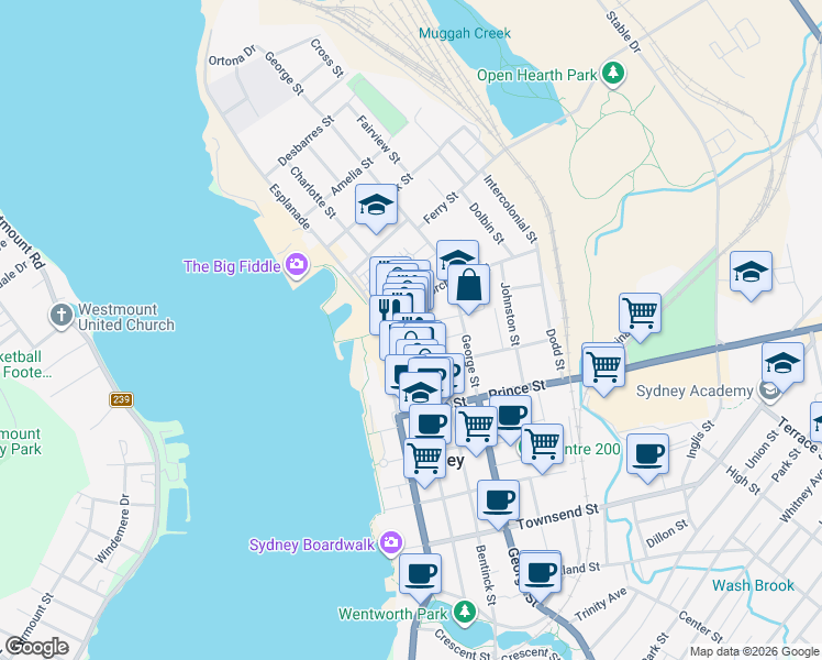 map of restaurants, bars, coffee shops, grocery stores, and more near 205 Charlotte Street in Sydney