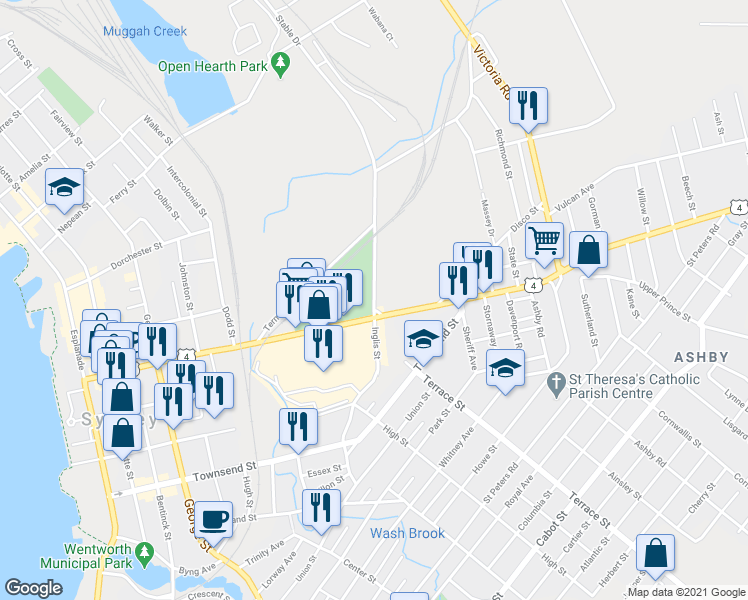 map of restaurants, bars, coffee shops, grocery stores, and more near Inglis Street in Sydney