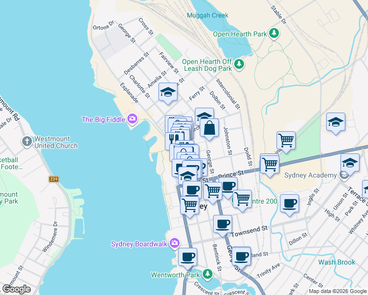map of restaurants, bars, coffee shops, grocery stores, and more near 205 Charlotte Street in Sydney