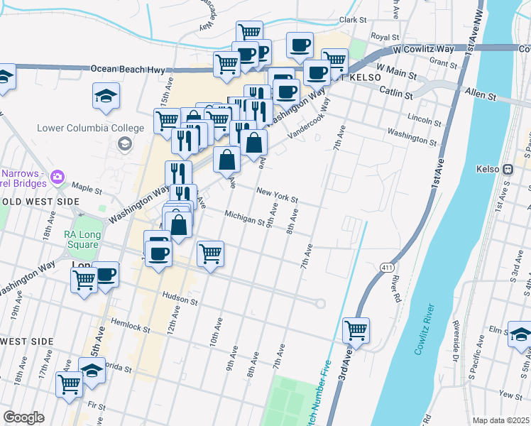 map of restaurants, bars, coffee shops, grocery stores, and more near 904 Michigan Street in Longview