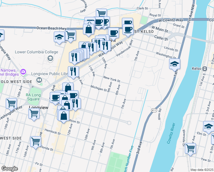 map of restaurants, bars, coffee shops, grocery stores, and more near 904 Michigan Street in Longview