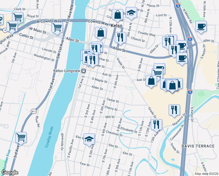 map of restaurants, bars, coffee shops, grocery stores, and more near 703 South 5th Avenue in Kelso
