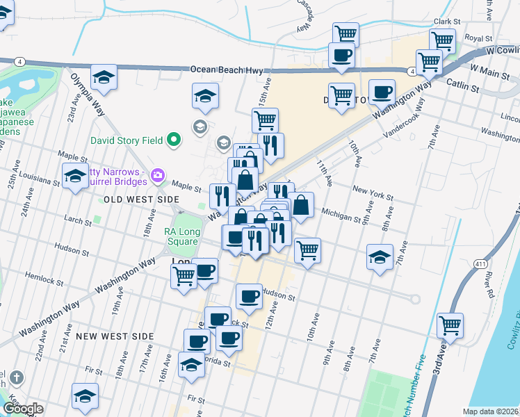 map of restaurants, bars, coffee shops, grocery stores, and more near 1322 Vandercook Way in Longview