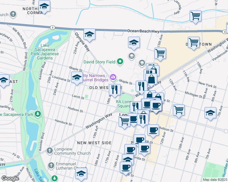 map of restaurants, bars, coffee shops, grocery stores, and more near 1405 17th Avenue in Longview
