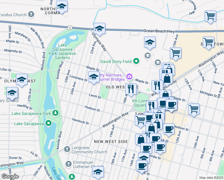 map of restaurants, bars, coffee shops, grocery stores, and more near 1408 20th Avenue in Longview