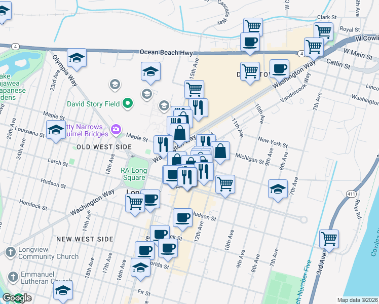 map of restaurants, bars, coffee shops, grocery stores, and more near 1322 Vandercook Way in Longview