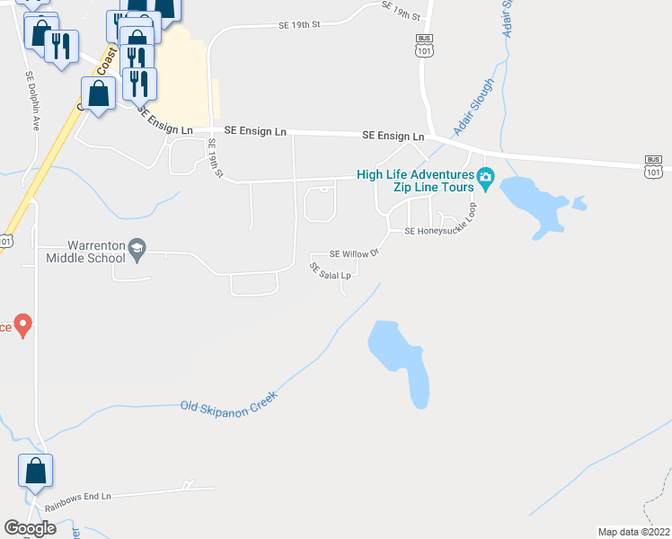 map of restaurants, bars, coffee shops, grocery stores, and more near 2236 Salal Loop in Warrenton