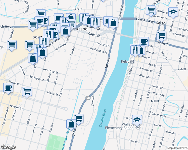 map of restaurants, bars, coffee shops, grocery stores, and more near 1725 1st Avenue in Longview