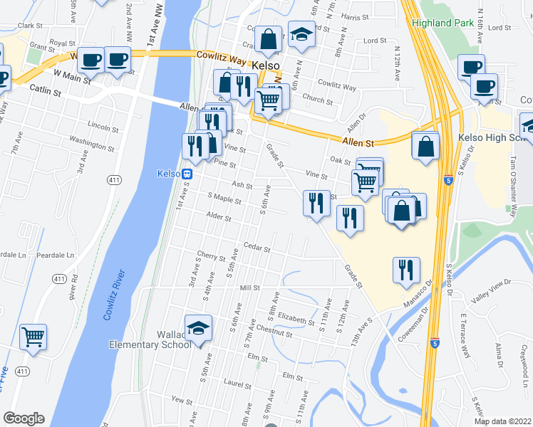 map of restaurants, bars, coffee shops, grocery stores, and more near 614 South 6th Avenue in Kelso