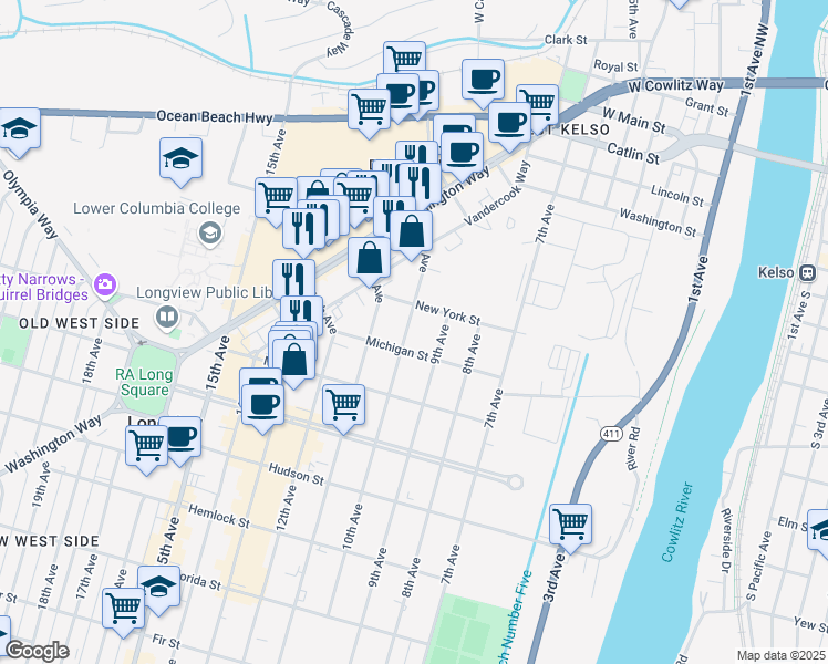 map of restaurants, bars, coffee shops, grocery stores, and more near 904 Michigan Street in Longview