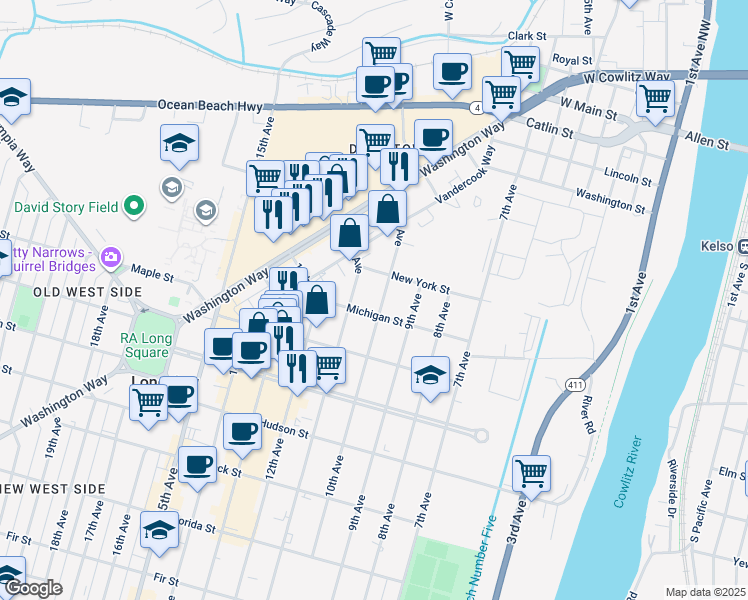 map of restaurants, bars, coffee shops, grocery stores, and more near 1547 10th Avenue in Longview