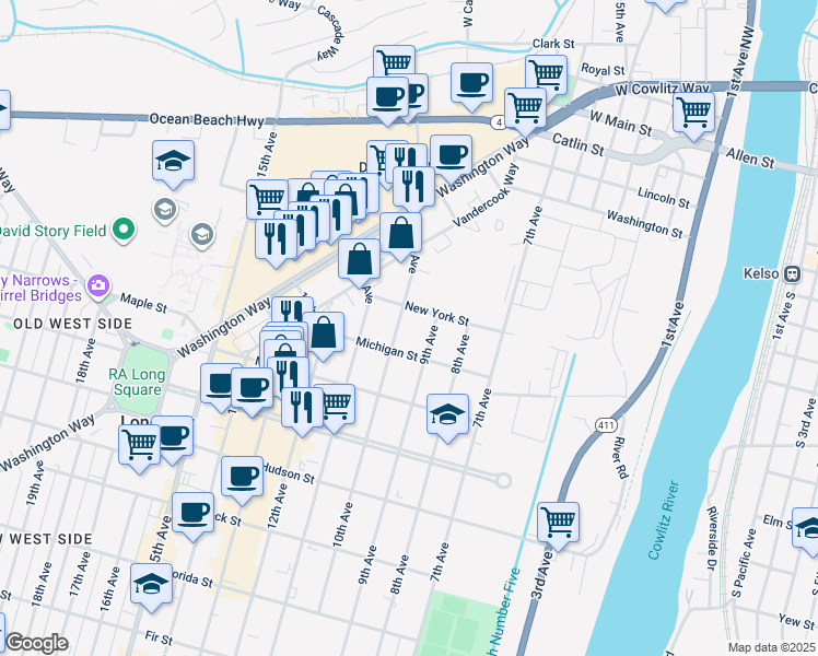 map of restaurants, bars, coffee shops, grocery stores, and more near 904 Michigan Street in Longview