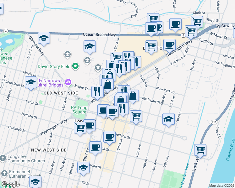 map of restaurants, bars, coffee shops, grocery stores, and more near 1304 Vandercook Way in Longview
