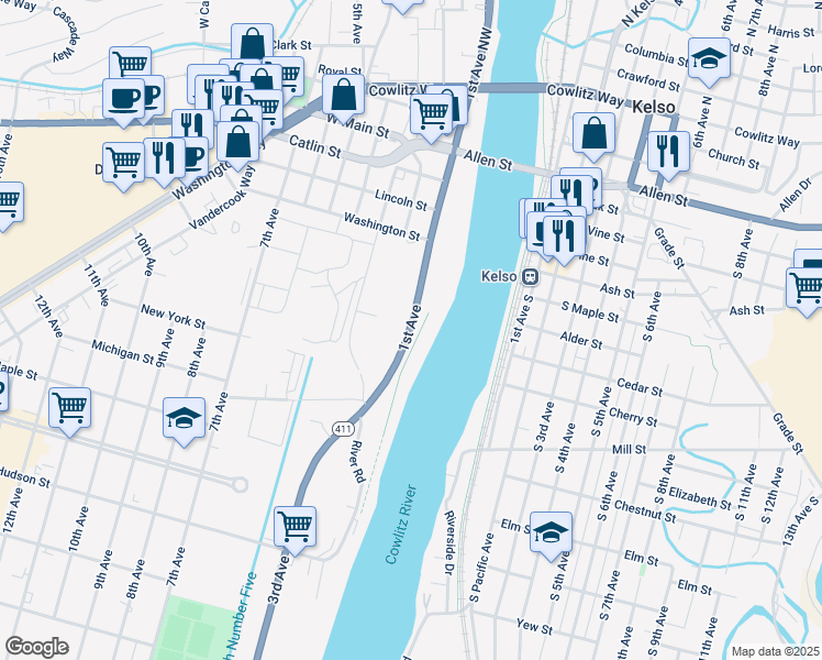 map of restaurants, bars, coffee shops, grocery stores, and more near 1st Avenue in Longview