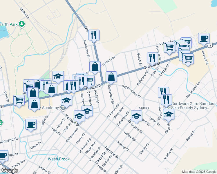 map of restaurants, bars, coffee shops, grocery stores, and more near 542 Upper Prince Street in Sydney
